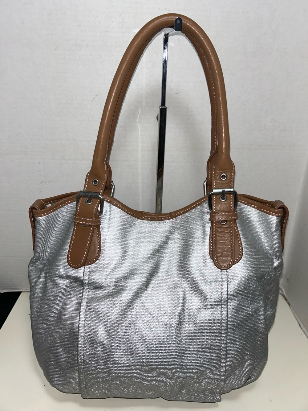 Boden Silver Metallic Coated Corton Tan Leather Tote Shoulder Bag